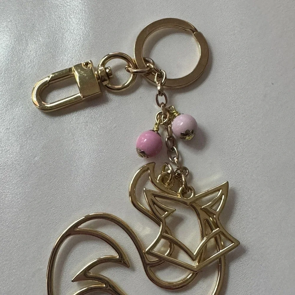 Gold Tone Fox Charm Keychain with Pink Beads‎ and Clip Key Ring Womens